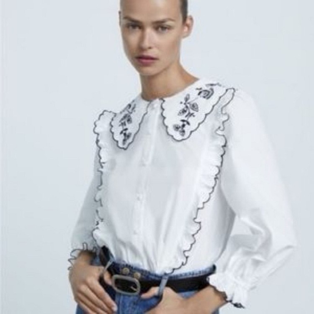 Chic White Blouse with Black Embroidery